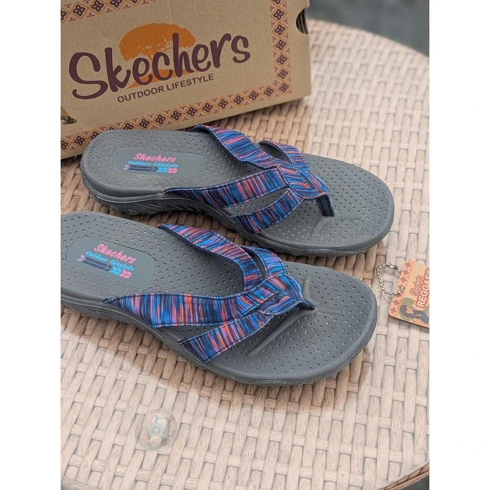 Y2K Sporty Outdoor Skechers Reggae Sandals Striped Thong Slides Womens Size 6